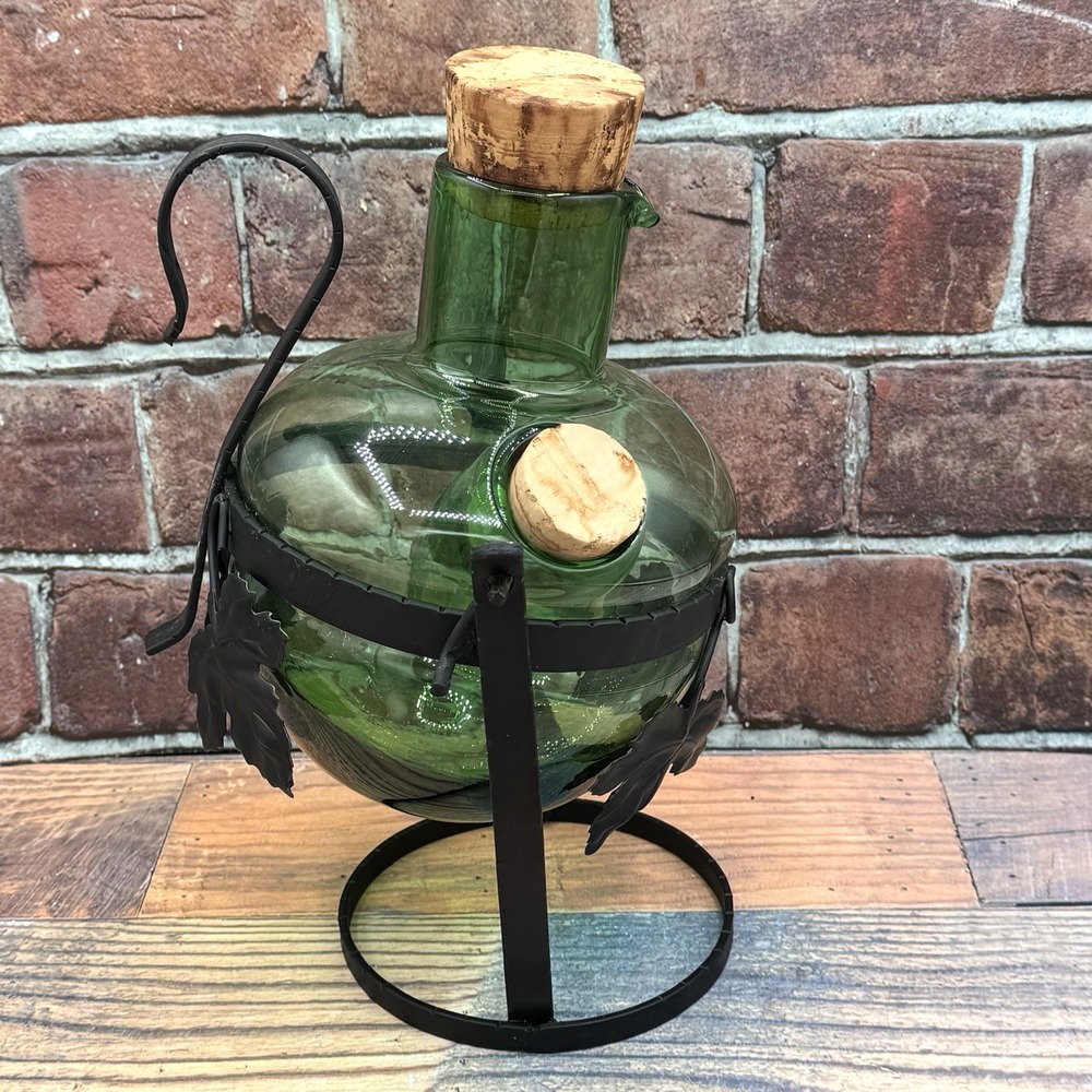 Vintage Wine Chiller Green Glass Decanter Round Bottom Wrought Iron Frame Holder